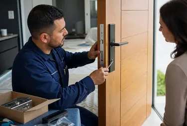 Chaveiro instalando uma fechadura em uma porta em Luziânia.
