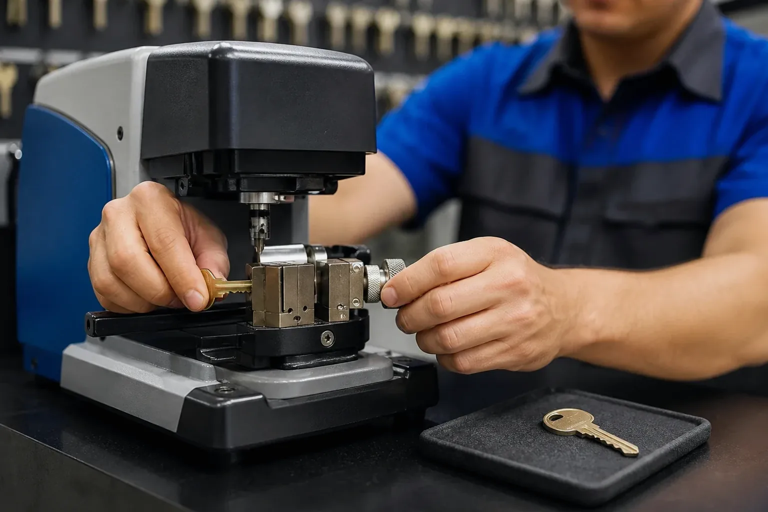 Chaveiro trabalhando em uma máquina de cópias em Luziânia.